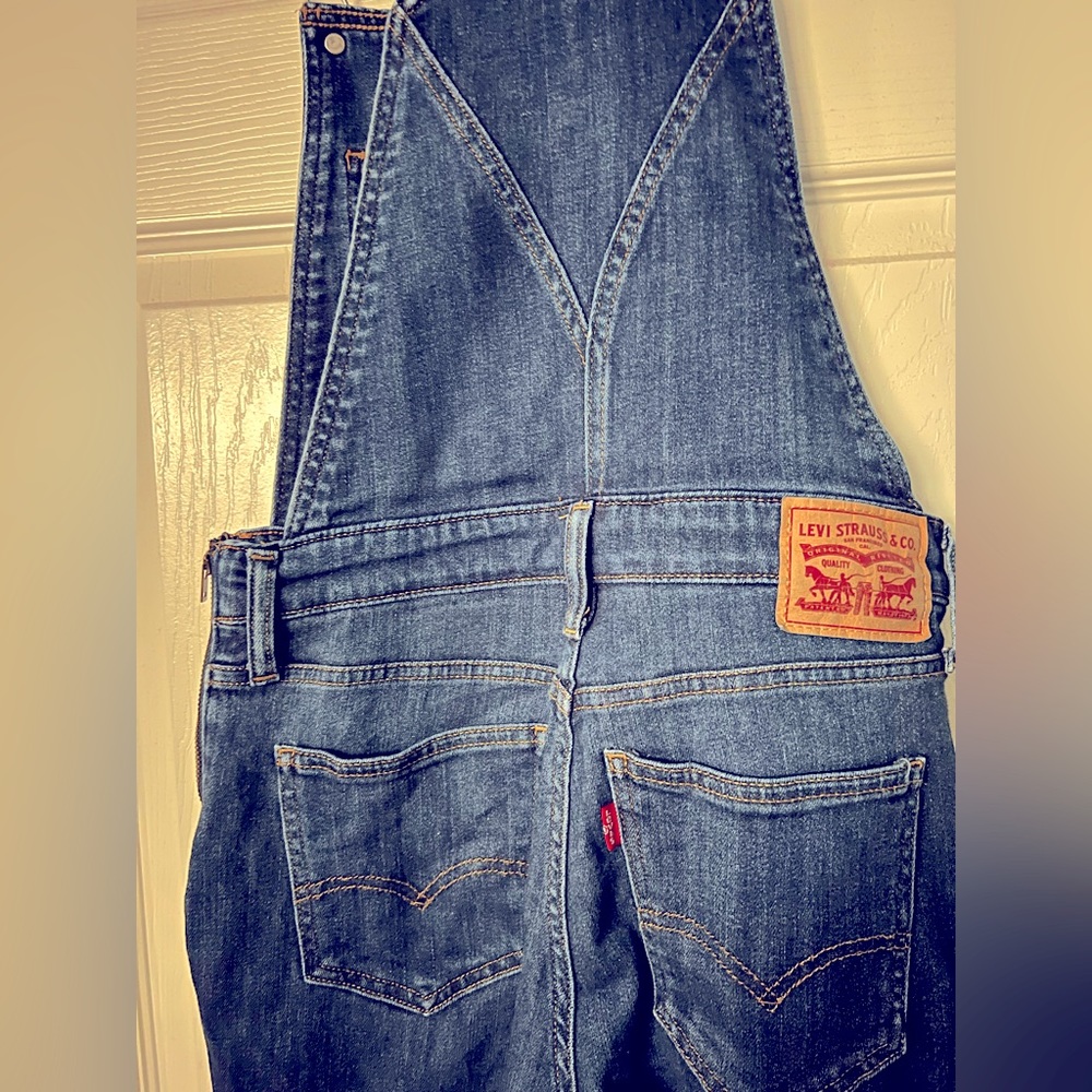 Levi’s skinny overalls, dark wash, size W28